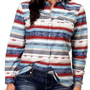 ROPER Girl's Southwestern Striped Pearl Snap Long Sleeve Shirt Blue Large - NWT